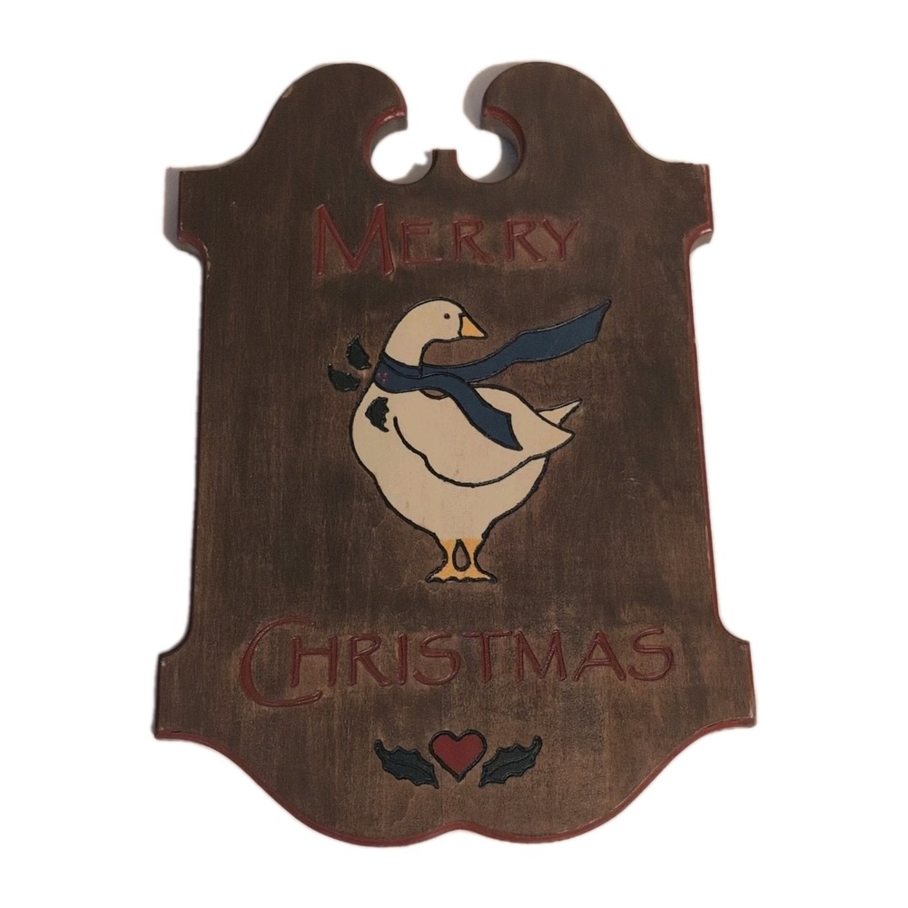 VTG Merry Christmas Handcrafted Wood Carved Hand Painted Goose Hanging Plaque